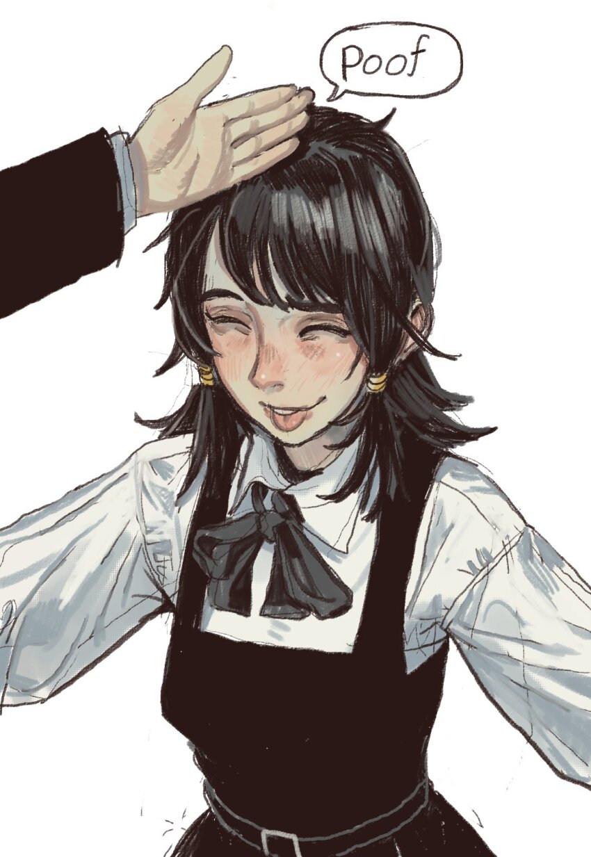 1boy 1girl bonk bow chainsaw_man closed_eyes disembodied_hand dress hair_tie headpat highres mifune_fumiko mossacannibalis out_of_frame outstretched_arms school_uniform sidelocks smile speech_bubble tagme tongue tongue_out yoshida_hirofumi