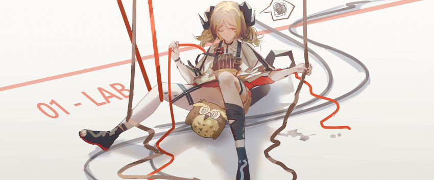 1girl ;o alcxome arknights belt_buckle black_boots black_horns black_ribbon blonde_hair boots brown_vest buckle cable choker collared_shirt commentary english_commentary full_body hair_between_eyes high-waist_skirt highres holding holding_cable horns ifrit_(arknights) knees_up leg_ribbon long_hair looking_at_viewer low_twintails nail_polish one_eye_closed orange_eyes parted_lips pinstripe_pattern pinstripe_vest pleated_skirt red_choker red_nails red_skirt ribbon shadow sheep_horns shirt short_shorts short_twintails shorts shorts_under_skirt silence_(arknights) sitting skirt solo spoken_squiggle squiggle stirrup_footwear stuffed_owl suspenders thigh_strap toenail_polish toenails twintails two-sided_fabric two-sided_skirt vest white_background white_shirt yellow_shorts yellow_skirt