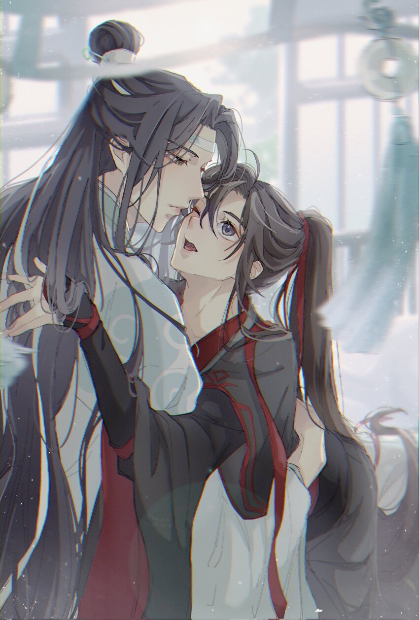 2boys ahoge bed bishounen black_hair black_hanfu blurry blurry_foreground blush chinese_clothes closed_mouth couple depth_of_field eye_contact eyelashes hair_ribbon hand_on_another&#039;s_back hanfu headband high_ponytail highres hug imminent_kiss indoors lan_wangji lattice light_particles long_hair long_sleeves looking_at_another male_focus modao_zushi multiple_boys on_bed one_eye_closed open_mouth ponytail purple_eyes red_ribbon ribbon robe sen_mdzs sidelocks sitting sitting_on_lap sitting_on_person sleeves_past_wrists smile straddling tassel topknot upper_body very_long_hair wei_wuxian white_hanfu white_headband wide_sleeves window xiao_guan_(headdress) yaoi yellow_eyes