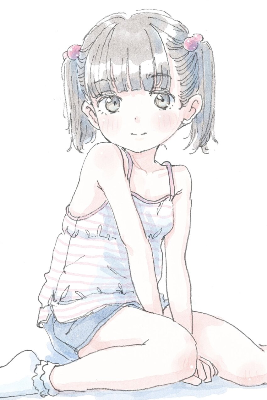 1girl bare_arms bare_legs bare_shoulders between_legs blunt_bangs blush bobby_socks brown_eyes brown_hair closed_mouth collarbone commentary_request dot_nose foot_out_of_frame hair_bobbles hair_ornament hand_between_legs highres long_hair looking_at_viewer original poranka_(porankaran) shorts simple_background sitting smile socks solo spaghetti_strap split_mouth tareme twintails v_arms wariza white_background