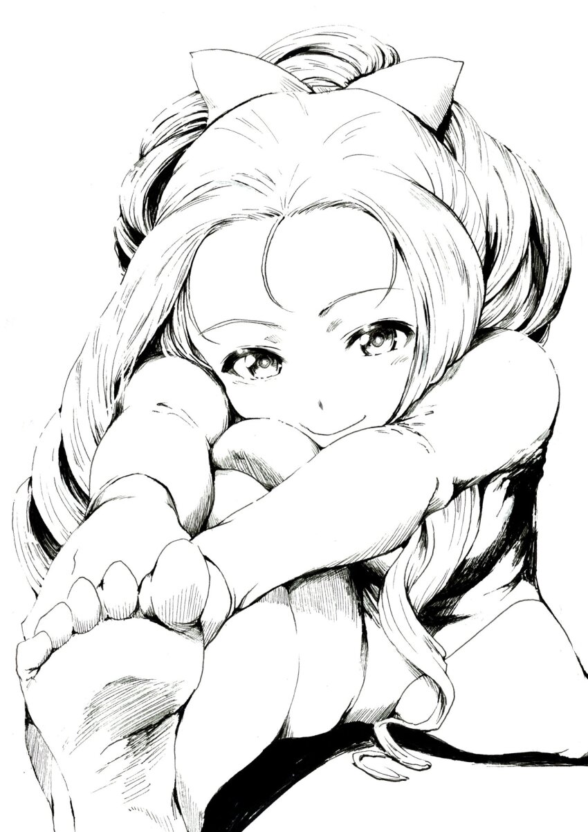 1girl bare_shoulders barefoot big_hair blush bow breasts closed_mouth commentary_request drill_hair feet foot_focus forehead foreshortening girls_und_panzer greyscale hair_bow hair_pulled_back hair_ribbon highres large_breasts leotard long_hair looking_at_viewer marie_(girls_und_panzer) monochrome ponytail ribbon sawamin simple_background sitting sketch smile soles solo stretching toes translation_request very_long_hair white_background
