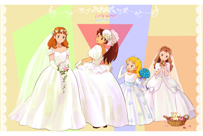 4girls :d absurdres ai_no_wakakusa_monogatari amy_march basket blonde_hair blue_eyes blush bouquet bow brown_eyes brown_hair cat copyright_name dress dress_bow elbow_gloves elizabeth_march flower gloves hair_flower hair_ornament head_wreath highres holding holding_bouquet jewelry josephine_march long_hair looking_back margaret_march multiple_girls necklace open_mouth petals sakai_yume siblings sisters skirt_hold smile standing veil wedding_dress white_bow white_dress white_gloves white_headwear world_masterpiece_theater