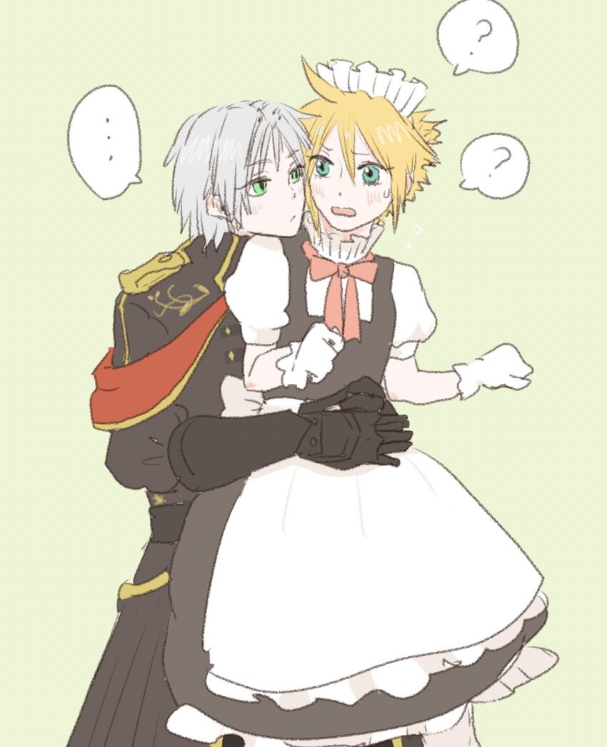 ... 2boys ? aged_down alternate_costume apron back_bow belt black_belt black_dress black_gloves black_jacket blonde_hair blush bow cloud_strife commentary_request crossdressing dress elbow_gloves embarrassed final_fantasy final_fantasy_vii final_fantasy_vii_ever_crisis flying_sweatdrops frilled_apron frilled_dress frills furrowed_brow gloves green_background green_eyes grey_hair hands_up head_on_another&#039;s_shoulder highres hiyo_mokumoku hug hug_from_behind jacket looking_at_another maid maid_headdress male_focus military_jacket military_uniform multiple_boys neck_ribbon official_alternate_costume open_mouth pink_ribbon puffy_short_sleeves puffy_sleeves ribbon sephiroth sephiroth_(ever_crisis) sephiroth_(shinra_formal_uniform) short_hair short_sleeves shoulder_boards slit_pupils spiked_hair standing sweatdrop upper_body white_apron white_bow white_gloves yaoi