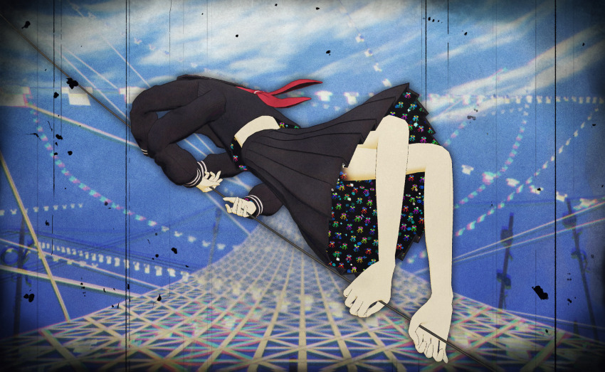 1girl abstract artist_request black_sailor_collar black_serafuku black_shirt black_skirt blue_sky bridge clothesline cloud extra_arms film_grain game_cg headless highres long_sleeves mahou_shoujo_madoka_magica mahou_shoujo_madoka_magica_magia_exedra medium_skirt midriff neckerchief official_art patricia_(madoka_magica) pleated_skirt red_neckerchief ribbon sailor_collar school_uniform serafuku shirt skirt skirt_set sky solo two-sided_fabric two-sided_skirt witch&#039;s_labyrinth witch_(madoka_magica) yellow_ribbon