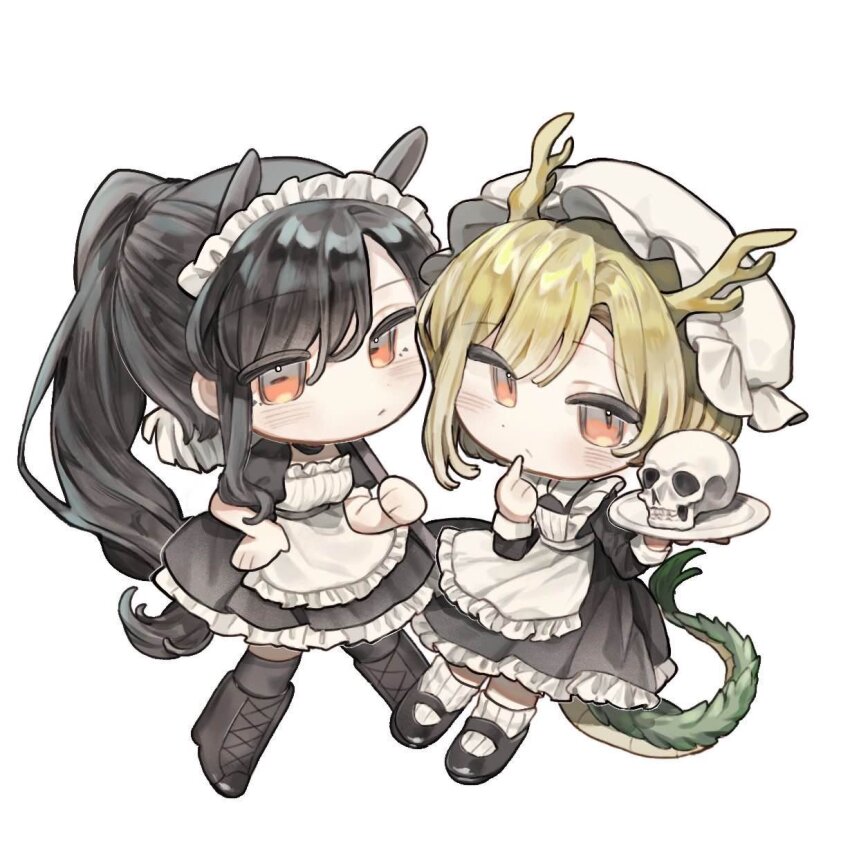 2girls animal_ears antlers apron black_dress black_hair blonde_hair blush chibi chibi_only dragon_girl dragon_horns dragon_tail dress frilled_apron frilled_dress frills full_body fur-tipped_tail green_scales green_tail hair_between_eyes highres horns kicchou_yachie kurokoma_saki long_hair long_sleeves looking_at_viewer maid maid_apron maid_headdress monster_girl multiple_girls scales short_hair short_sleeves simple_background skull tail touhou white_apron white_background yellow_horns yuejinlin