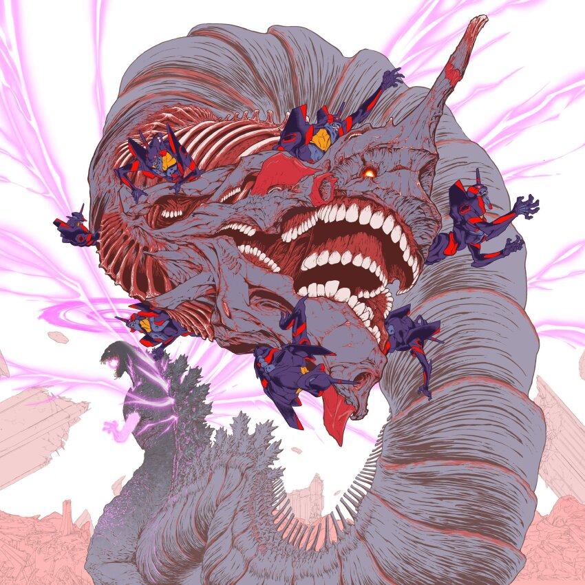 armor biomechanical cityscape commentary dandagouglas energy_wings english_commentary eva_01 evangelion_(mecha) exposed_bone exposed_muscle extra_mouth fusion glowing glowing_eyes godzilla godzilla_(series) godzilla_(shin) halo highres horns kaiju mecha monster multiple_heads neon_genesis_evangelion no_nose open_mouth outdoors purple_armor purple_eyes purple_halo rebuild_of_evangelion red_armor red_eyes robot ruins shin_godzilla single_horn sky spines tail teeth toho white_sky yellow_eyes
