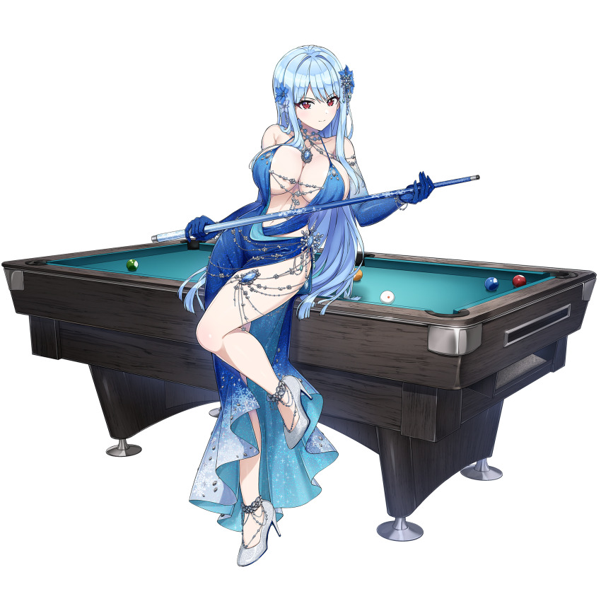 1girl ball billiard_ball billiards blue_dress blue_gloves blue_hair breasts cleavage cue_stick dolphin_wave dress elbow_gloves flower game_cg gloves hair_flower hair_ornament high_heels highres holding_cue_stick jewelry large_breasts long_hair looking_at_viewer nayuki_hiori necklace non-web_source official_art on_table ootomo_takuji pool_table pumps red_eyes shoes side_slit sitting sitting_on_table smile solo stiletto_heels table transparent_background