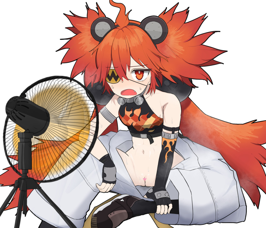 1girl ahoge animal_ears bare_shoulders bear_ears blush censored cleft_of_venus clothes_pull crop_top electric_fan eyepatch fake_animal_ears female_focus fingerless_gloves gloves hair_between_eyes heart heart_censor highres koleda_belobog loli long_hair navel no_panties open_mouth orange_eyes orange_hair pants pants_pull pussy simesaba solo spread_legs sweat twintails very_long_hair white_background zenless_zone_zero