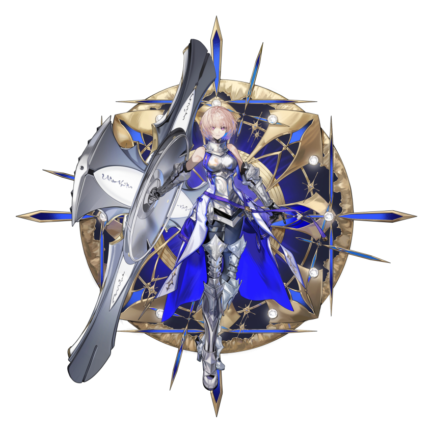 1girl arlizi armor armored_boots armored_gloves armored_leotard boobplate boots breastplate breasts commentary fate/grand_order fate_(series) faulds faux_figurine full_body gauntlets highres holding holding_shield leotard looking_at_viewer lord_camelot_(fate) mash_kyrielight mash_kyrielight_(paladin) pink_hair purple_eyes shield short_hair solo white_armor