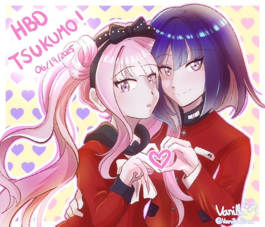 1boy 1girl 2025 arm_around_waist black_bow black_hairband black_headband bow brother_and_sister closed_mouth dated hair_bow hairband happy_birthday headband heart heart_hands heart_hands_duo long_hair looking_at_viewer matching_hair/eyes open_mouth pink_eyes pink_hair purple_background purple_hair siblings smile the_hundred_line_-last_defense_academy- tsukumo_ima tsukumo_kako twins twintails upper_body yellow_background
