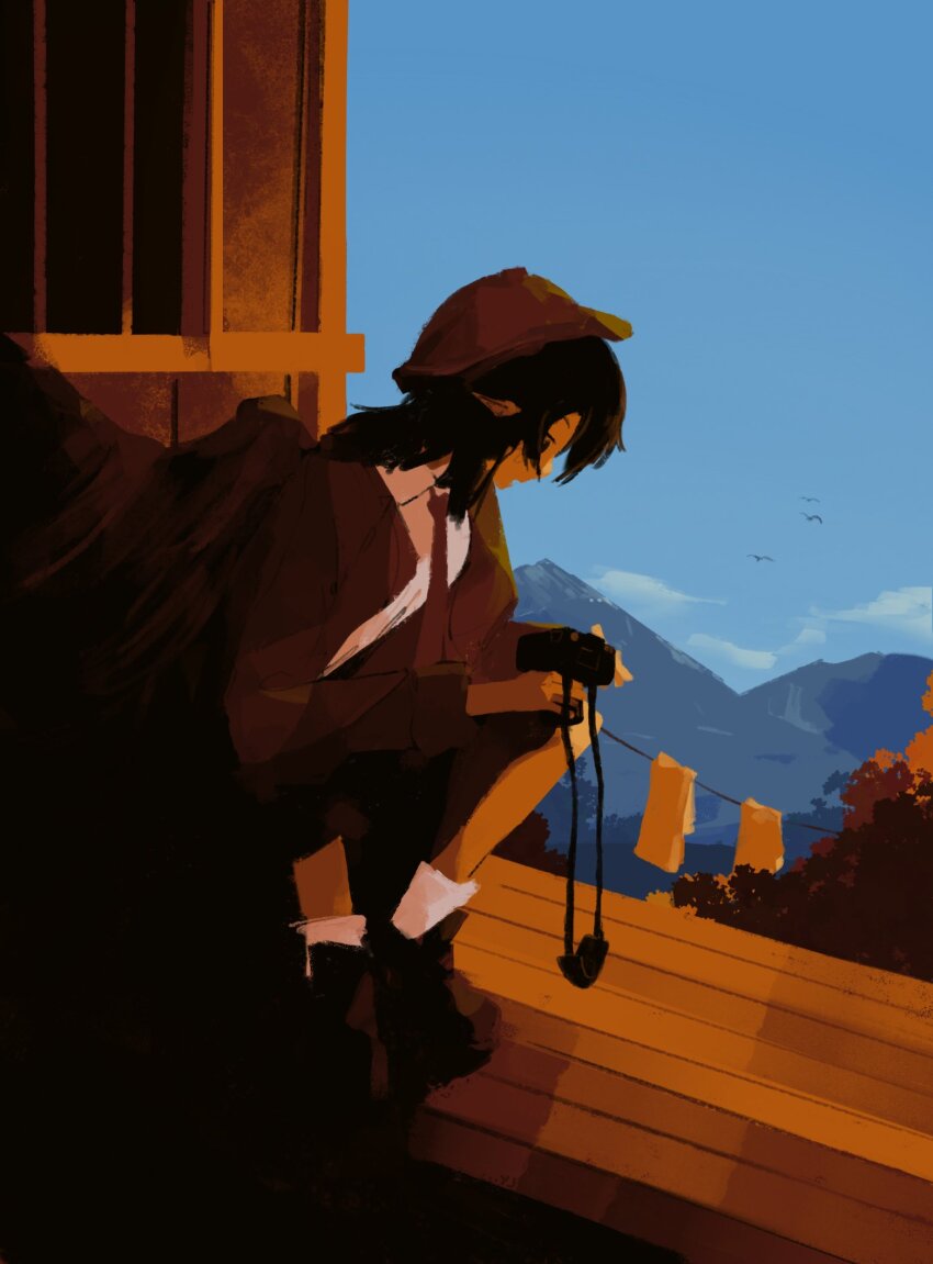 1girl bird bird_wings black_hair blue_sky brown_hat brown_jacket camera clothesline flat_cap hat highres holding holding_camera jacket llamas_yes looking_down mountain necktie official_alternate_costume on_roof open_mouth pointy_ears shameimaru_aya shameimaru_aya_(newsboy) sky socks squatting suit_jacket touhou tree white_socks wings