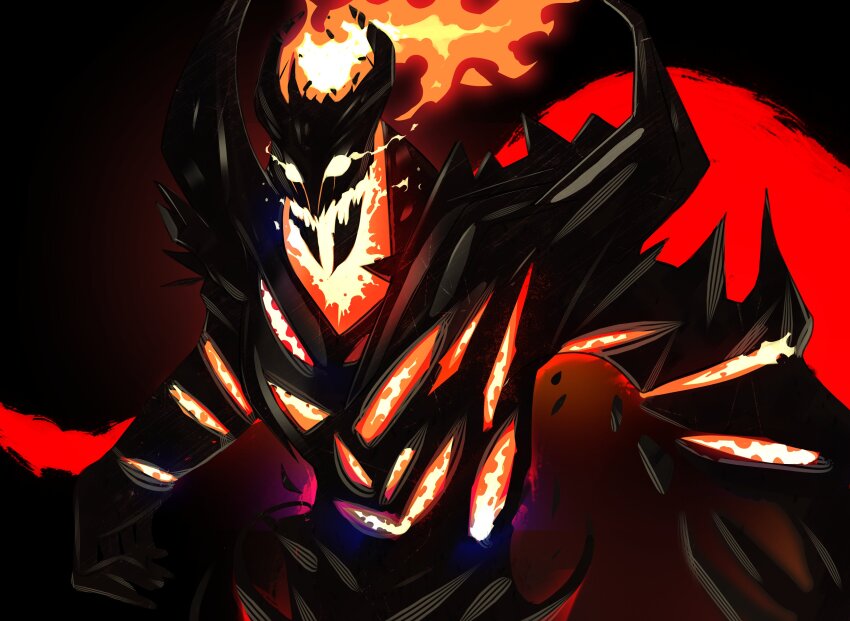absurdres brown_background commentary demon dota_(series) dota_2 english_commentary eye_trail fire glowing glowing_eyes highres lerimar light_trail looking_at_viewer monster no_humans open_mouth shadow_fiend