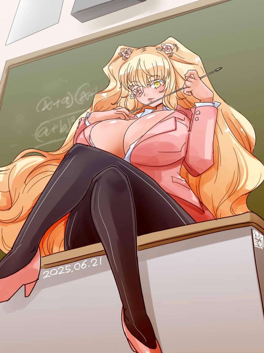 1girl alternate_breast_size alternate_costume black_pantyhose blazer blonde_hair blush breasts chalkboard classroom cleavage commentary_request dated desk flower flower_over_eye full_body hair_flower hair_ornament high_heels highres holding holding_pointer huge_breasts indoors itini-sanshi jacket kirakishou long_hair long_sleeves looking_at_viewer on_desk open_mouth pantyhose pink_jacket pointer rose rozen_maiden sitting solo teacher two_side_up very_long_hair white_flower white_rose yellow_eyes