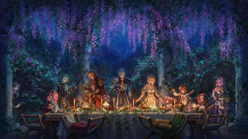 3boys 6+girls absurdres aglaea_(honkai:_star_rail) anaxa_(honkai:_star_rail) ancient_greek_clothes animal_ear_fluff animal_ears antenna_hair apple aqua_eyes aqua_hair armor bare_shoulders black_bodysuit black_choker black_gloves black_jacket black_pants black_shirt black_tiara blue_eyes blue_flower blue_hair blue_sky body_markings bodysuit bouquet bow bracelet braid breasts butterfly_ornament candle capelet castorice_(honkai:_star_rail) cat_choker cat_ears cat_tail chair child choker chrysos_heirs_(honkai:_star_rail) cipher_(honkai:_star_rail) closed_eyes closed_mouth commentary covered_eyes cup dress drinking_glass english_commentary eyepatch ferretzoid fingerless_gloves flower food fruit gauntlets gem gloves gold_bracelet gold_necklace gold_trim gradient_hair greco-roman_clothes green_eyes grey_hair hair_between_eyes hair_flower hair_ornament hair_over_one_eye hand_up hands_up hat hat_ornament highres holding holding_bouquet holding_cup holding_food holding_fruit holding_jar holding_tray honkai:_star_rail honkai_(series) hood hooded_bodysuit hyacine_(honkai:_star_rail) jacket jar jewelry large_breasts laurel_crown leaf long_hair long_sleeves looking_at_another looking_down low_ponytail low_twintails meat medium_breasts multicolored_hair multiple_boys multiple_girls mydei_(honkai:_star_rail) necklace night night_sky on_chair open_clothes open_jacket open_mouth outdoors pancake pants partially_fingerless_gloves phainon_(honkai:_star_rail) pillar pink_flower pink_hair pointy_ears ponytail puffy_long_sleeves puffy_sleeves purple_eyes purple_flower purple_hair red_capelet red_dress red_gemstone red_hair red_hat shadow shirt shoes shoulder_armor single_bare_shoulder single_braid single_glove sky sleeveless sleeveless_dress smile standing star_(sky) starry_sky table tablecloth tail teeth thigh_strap thighhighs tiara tray trianne_(honkai:_star_rail) tribbie_(honkai:_star_rail) trinnon_(honkai:_star_rail) triplets twintails wavy_hair white_bow white_dress white_flower white_gloves white_jacket white_shirt white_shoes white_thighhighs wings yellow_eyes