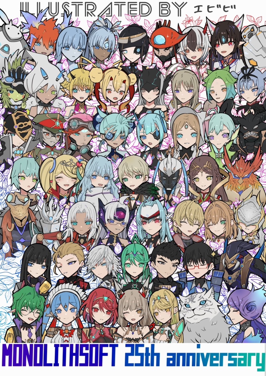 6+girls anniversary black_eyes black_hair blonde_hair blue_eyes blue_hair brighid_(xenoblade) brown_hair character_request closed_eyes dromarch_(xenoblade) eyepatch fan_la_norne glasses green_eyes green_hair grey_hair hat highres horns light_brown_hair mikaalpha293 monolith_soft multiple_girls mythra_(xenoblade) nia_(xenoblade) one_eye_closed open_mouth orange_eyes pandoria_(xenoblade) pneuma_(xenoblade) poppi_(xenoblade) purple_eyes purple_hair pyra_(xenoblade) red-framed_eyewear red_hair t-elos t-elos_re: white_hair xenoblade_chronicles_(series) xenoblade_chronicles_2