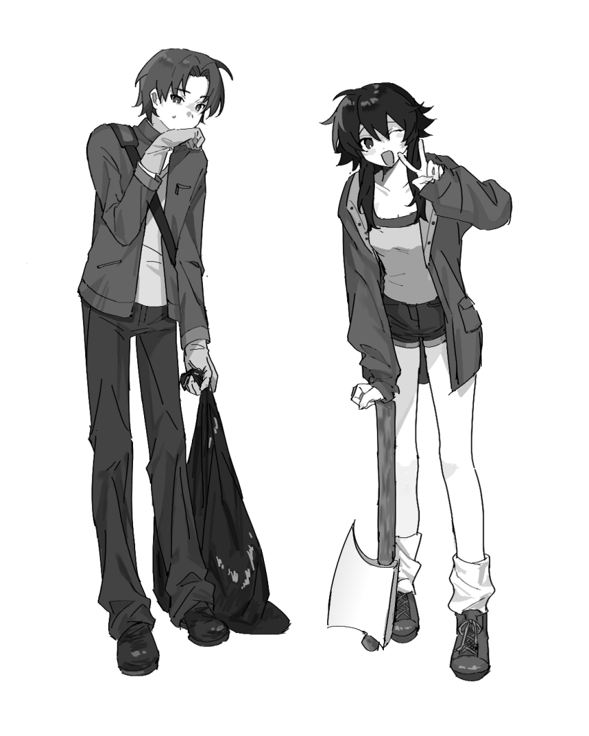 1boy 1girl ;d axe bag breasts chinese_commentary cleavage commentary_request curtained_hair full_body fusaishi_haruaki gloves greyscale highres holding holding_axe holding_bag honghuguiqv jacket long_hair long_sleeves monochrome one_eye_closed open_clothes open_jacket open_mouth pants parted_bangs raging_loop serizawa_chiemi shoes short_hair shorts simple_background sleeves_past_wrists smile socks sweat trash_bag v variant_set white_background