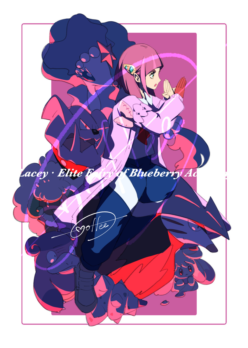 1girl :o absurdres alcremie blue_pants border cardigan cccacademia character_name excadrill galarian_slowbro gen_2_pokemon gen_5_pokemon gen_7_pokemon gen_8_pokemon gloves granbull hair_ornament hairclip highres lacey_(pokemon) mixed-language_commentary nintendo open_cardigan open_clothes open_mouth pants partially_fingerless_gloves pokemon pokemon_(creature) pokemon_sv primarina purple_background purple_hair red_gloves shirt signature single_glove whimsicott white_border