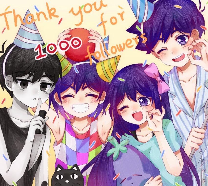 1girl 3boys ;d ^_^ antenna_hair aqua_shirt arms_up aubrey_(headspace)_(omori) aubrey_(omori) ball bare_arms bare_shoulders black_eyes black_hair black_tank_top blue_hat blush bright_pupils brothers checkered_clothes closed_eyes collarbone colored_skin commentary confetti double-parted_bangs empty_eyes english_commentary facing_viewer green_hat grin hair_behind_ear hair_between_eyes hat hatching_(texture) hero_(headspace)_(omori) hero_(omori) highres holding holding_ball holding_knife holding_spatula holding_stuffed_toy index_finger_raised kel_(headspace)_(omori) kel_(omori) kitchen_knife knife linglanjunying long_hair mewo milestone_celebration mr._plantegg_(omori) multiple_boys multiple_hats omori omori_(omori) one_eye_closed open_mouth parted_lips party_hat purple_eyes purple_hair reverse_grip shirt short_hair short_sleeves siblings simple_background smile spatula striped_clothes striped_shirt stuffed_eggplant stuffed_toy tank_top teeth tongue upper_body upper_teeth_only v-shaped_eyebrows vertical-striped_clothes vertical-striped_shirt white_skin yellow_background yellow_hat