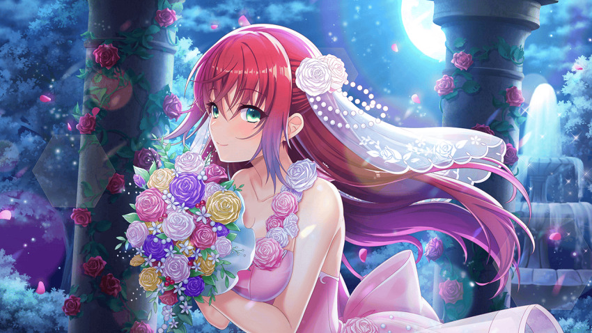 1girl akai_asaka bare_shoulders black_flower black_rose blue_flower blue_rose blush bouquet breasts bridal_veil bride cloud collarbone confession crescent_moon deep_one_kyomu_to_mugen_no_fragment dress dress_flower earrings flower flower_ornament full_moon gloves green_eyes green_flower hair_ornament holding holding_bouquet jewelry long_hair looking_at_viewer moon moonlight natsuhiko night night_sky non-circular_lens_flare non-web_source orange_flower petals pink_flower pink_rose purple_flower purple_rose red_flower red_hair red_rose rose rose_petals sky smile solo star_(sky) starry_sky veil wedding wedding_dress white_flower white_rose yellow_flower yellow_rose