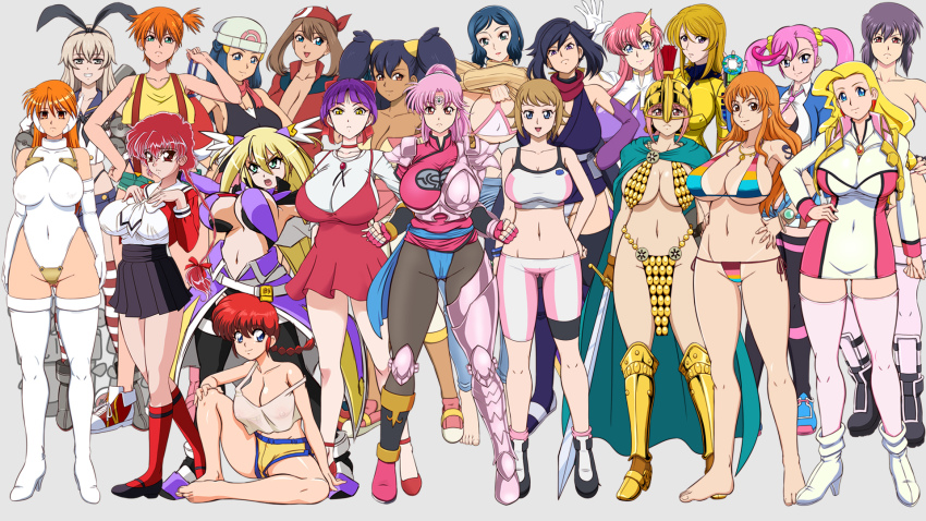 ake_no_hoshi_no_elise armor ayame_(gundam_build_divers) battle_spirits bike_shorts bikini bikini_armor black_hair blonde_hair blue_hair braid breasts dawn_(pokemon) digimon digimon_universe:_appli_monsters dragon_quest dragon_quest_dai_no_daibouken gegege_no_kitarou ghost_in_the_shell gladiator green_hair gundam gundam_build_divers gundam_build_fighters gundam_build_fighters_try gundam_seed gundam_seed_destiny hair_ornament helmet highres hoshino_fumina iori_rinko iris_(pokemon) kantai_collection karan_eri kusanagi_motoko large_breasts lento_(glamour_works) leotard maam magic_knight_rayearth may_(pokemon) meer_campbell mori_yuki multiple_girls nami_(one_piece) nekomusume nekomusume_(gegege_no_kitarou_6) nintendo okashira one_piece one_piece_film:_z orange_hair pink_hair pokemon pokemon_(anime) pokemon_(classic_anime) purple_hair rainbow_bikini ranma-chan ranma_1/2 rebecca_(one_piece) red_hair saikyou_ginga_ultimate_zero_~battle_spirits~ serio_(to_heart) shimakaze_(kancolle) shindou_hikaru sitting sports_bra swan_white swimsuit to_heart to_heart_(series) twintails uchuu_senkan_yamato yuusha_ou_gaogaigar yuusha_series