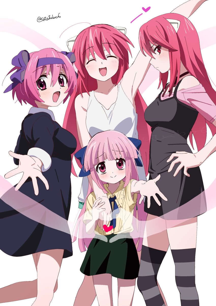 4girls :d absurdres animal_ears arm_up black_dress black_skirt blunt_bangs blunt_ends breasts child closed_eyes color_connection cowboy_shot dot_nose dress dual_persona elfen_lied facing_viewer feet_out_of_frame from_side furrowed_brow grey_socks hair_color_connection hand_on_another&#039;s_shoulder hand_on_own_hip hand_up happy highres knee_up kneehighs light_frown long_hair looking_back lucy_(elfen_lied) mariko_(elfen_lied) medium_breasts multiple_girls nana_(elfen_lied) nyuu open_hand open_mouth pink_eyes pink_hair pink_shirt reaching reaching_towards_viewer red_eyes satou_asuka shirt short_hair signature simple_background skirt sleeve_cuffs smile socks spaghetti_strap split_mouth standing striped_clothes striped_socks very_long_hair waving white_background white_shirt yellow_shirt