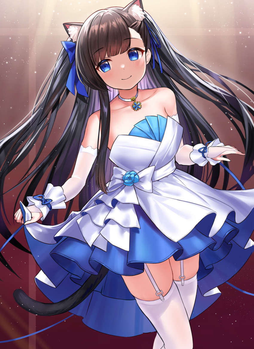 1girl animal_ear_fluff animal_ears arm_warmers azur_lane bare_shoulders black_hair blue_bow blue_dress blue_eyes blue_ribbon blush bow breasts cat_ears cat_girl clothes_lift dress garter_belt hair_ribbon hatsuharu_(azur_lane) hatsuharu_(hatsuharu_in_the_limelight)_(azur_lane) highres holding holding_unworn_clothes holding_unworn_dress indoors jewelry kiki-yu layered_dress long_hair looking_at_viewer necklace official_alternate_costume ribbon skirt skirt_hold skirt_lift small_breasts smile solo strapless strapless_dress thighhighs two-tone_dress white_thighhighs