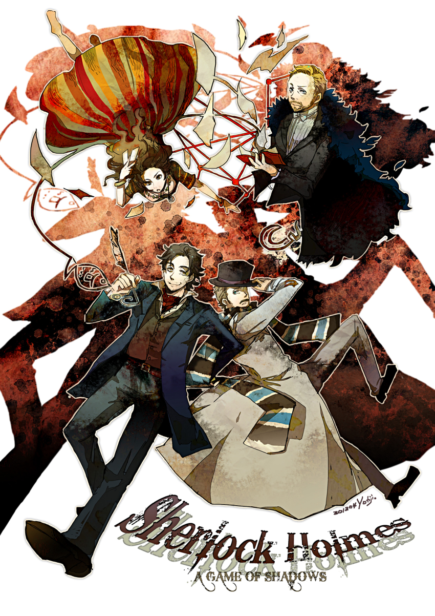 1girl 3boys bad_id bad_pixiv_id black_coat black_footwear black_headwear blazer blonde_hair blue_eyes blue_jacket blue_pants blue_scarf book brown_coat brown_eyes brown_hair brown_scarf brown_vest closed_mouth coat commentary_request copyright_name dated dress facial_hair full_body fur_coat hat highres jacket james_moriarty john_hamish_watson light_brown_hair long_hair looking_at_viewer multicolored_dress multiple_boys mustache open_mouth orange_dress pants paper quill red_dress reload9_yohji scarf sherlock_holmes sherlock_holmes:_a_game_of_shadows shirt signature simza_heron smile striped_clothes striped_scarf the_adventures_of_sherlock_holmes top_hat vest white_background white_shirt