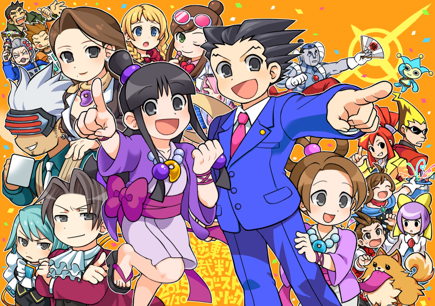 &gt;_&lt; 10s 2015 6+boys 6+girls :o ace_attorney ahoge apollo_justice ascot black_eyes black_hair blonde_hair blue_badger blue_eyes blue_hair blue_pants bow braid brooch brown_hair capcom closed_eyes coat company_connection crossed_arms crossover cup dated dick_gumshoe dog earrings ema_skye espella_cantabella everyone eyewear_on_head formal_clothes franziska_von_karma ghost_trick glasses godot_(ace_attorney) green_eyes grey_eyes grey_hair hair_bow hair_bun hat highres japanese_clothes jewelry kamila_(ghost_trick) larry_butz long_hair looking_at_viewer lynne_(ghost_trick) magatama mask maya_fey mia_fey miles_edgeworth missile_(ghost_trick) mole mole_under_eye mole_under_mouth mug multiple_boys multiple_girls necktie one_eye_closed orange_background pants parted_bangs pearl_fey phoenix_wright pink_necktie pointing pomeranian_(dog) ponytail professor_layton_vs._phoenix_wright:_ace_attorney purple_hair purple_skirt red_hair sandals satokichi short_hair single_hair_bun sissel_(ghost_trick) skirt smile steel_samurai suit sunglasses tongue top_hat trucy_wright twin_braids wendy_oldbag white_bow white_hair yellow_bow