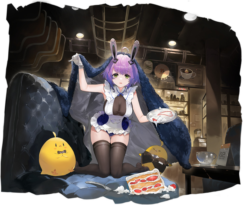 1girl :o ahoge alchemaniac animal_ears apron azur_lane bare_shoulders bird black_thighhighs black_veil breasts cake cake_slice cleavage coffee couch cup dress embarrassed fake_animal_ears food fork frilled_apron frilled_dress frilled_leotard frills fruit full_body gloves gluteal_fold green_eyes grey_gloves hair_ornament highres holding holding_plate holding_tray houston_(azur_lane) houston_ii_(azur_lane) houston_ii_(ready_to_serve!)_(azur_lane) indoors kneeling large_breasts leotard looking_at_viewer maid manjuu_(azur_lane) medium_hair no_shoes non-web_source nontraditional_playboy_bunny official_alternate_costume official_art open_mouth plate purple_hair rabbit_ears skindentation sleeveless solo strawberry_shortcake table teacup thighhighs thighs tray veil white_apron white_gloves zettai_ryouiki