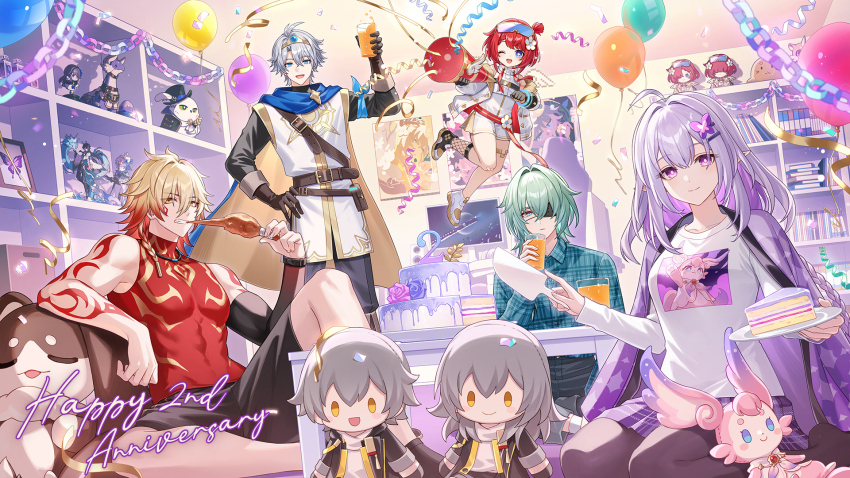2girls 3boys ahoge amaichi_esora anaxa_(honkai:_star_rail) balloon black_pantyhose bookshelf bright_pupils butterfly_hair_ornament caelus_(honkai:_star_rail) cake cake_slice castorice_(honkai:_star_rail) character_doll closed_mouth dan_heng_(honkai:_star_rail) dan_heng_(imbibitor_lunae)_(honkai:_star_rail) food hair_ornament happy_anniversary herta_(honkai:_star_rail) highres holding holding_knife holding_plate honkai:_star_rail honkai_(series) hoyofair indoors knife long_hair long_sleeves looking_at_viewer march_7th_(honkai:_star_rail) mem_(honkai:_star_rail) multiple_boys multiple_girls mydei_(honkai:_star_rail) official_alternate_costume official_art pantyhose phainon_(honkai:_star_rail) plate pointy_ears purple_eyes purple_hair purple_skirt second-party_source shirt sitting skirt smile stelle_(honkai:_star_rail) trailblazer_(honkai:_star_rail) trianne_(honkai:_star_rail) tribbie_(honkai:_star_rail) trinnon_(honkai:_star_rail) white_pupils white_shirt
