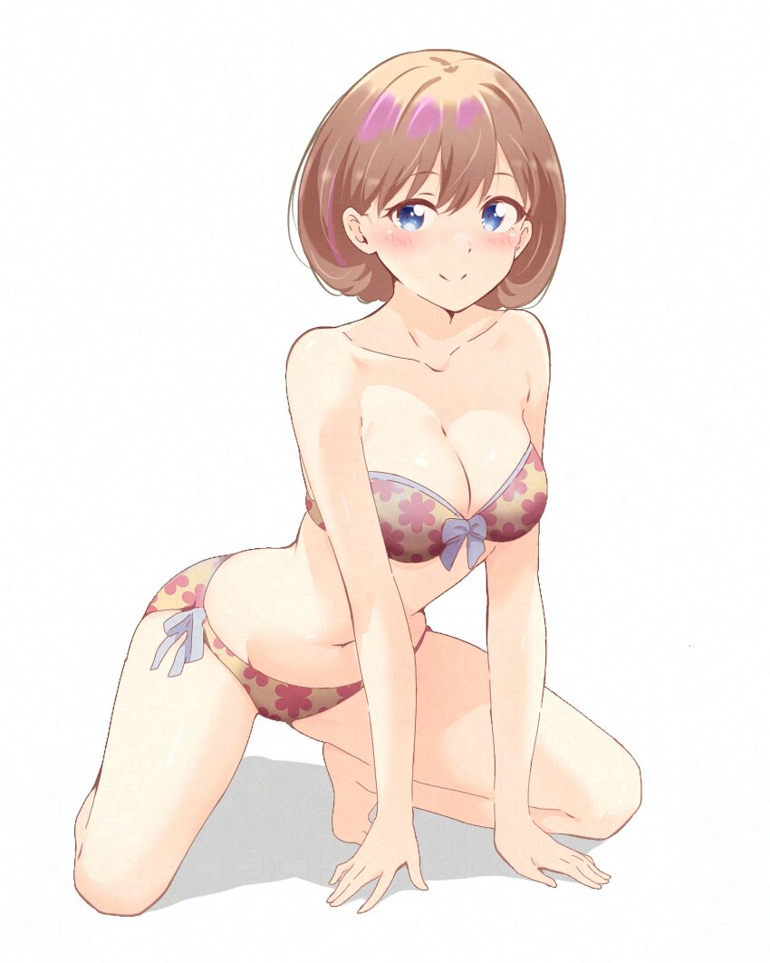 1girl bikini blue_eyes blush breasts cleavage collarbone floral_print full_body grey_hair highres hitorilily looking_at_viewer love_live! love_live!_superstar!! medium_breasts short_hair smile solo strapless strapless_bikini swimsuit tang_keke white_background
