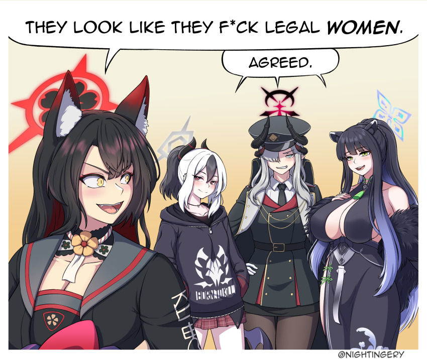 4girls animal_ear_fluff animal_ears black_coat black_dress black_hair black_hoodie black_necktie black_pantyhose blue_archive blue_eyes blue_halo breasts cat_ears cat_girl censored_profanity china_dress chinese_clothes closed_mouth coat commentary demon_girl demon_horns dress ear_piercing english_commentary english_text fox_ears fox_girl gradient_background green_eyes grey_halo grin hair_over_one_eye halo highres hood hood_down hoodie horns huge_breasts kayoko_(blue_archive) large_breasts long_hair makoto_(blue_archive) meme miniskirt multicolored_hair multiple_girls necktie nightingery open_mouth pantyhose parted_lips piercing plaid_clothes plaid_skirt pleated_skirt pointy_ears ponytail red_eyes red_halo red_skirt she_looks_like_she_fucks_human_men_(meme) shirt short_hair shun_(blue_archive) skirt smile speech_bubble teeth two-tone_hair upper_teeth_only wakamo_(blue_archive) white_hair white_shirt yellow_background yellow_eyes