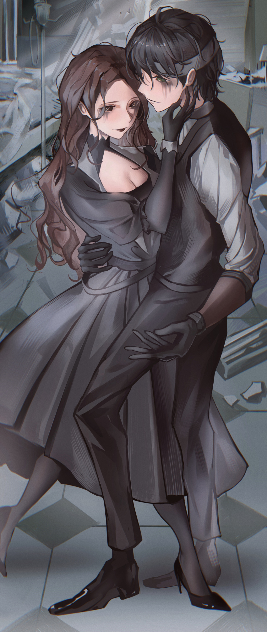 1boy 1girl absurdres ada_mesmer black_dress black_gloves black_hair black_lips black_skirt brown_hair button_eyes buttons dress emil_(identity_v) gloves hana967531 hand_on_another&#039;s_face highres hug identity_v short_hair skirt