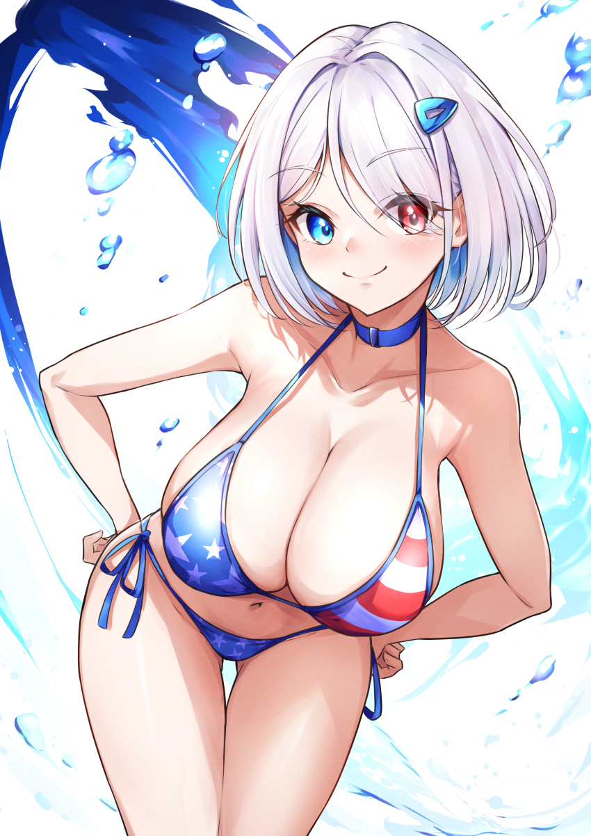1girl absurdres american_flag american_flag_bikini american_flag_print bare_shoulders beyblade bikini blue_bikini blue_choker blue_eyes blush breasts choker cleavage flag_print flag_print_bikini hair_ornament hands_on_own_hips heterochromia highres large_breasts leaning_forward looking_at_viewer navel print_bikini red_eyes sainen_yuko shiraiwa_usagi short_hair smile solo swimsuit water white_hair