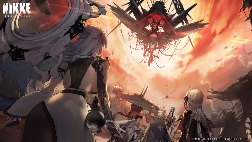 5girls absurdres android bandaged_head bandages black_bodysuit black_dress blonde_hair bodysuit breasts cloud cloudy_sky day dress from_behind goddess_of_victory:_nikke gourd grey_hair highres large_breasts long_hair long_sleeves looking_at_another mechanical_arms modernia_(nikke) modernia_(second_affection)_(nikke) multiple_girls nayuta_(nikke) official_art outdoors rapture_queen_(nikke) rapunzel_(nikke) rubble scarlet_(nikke) sideboob single_mechanical_arm skirt sky standing white_hair white_skirt