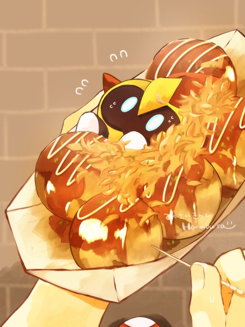 1other animal_focus artist_name blue_eyes commentary_request falinks flying_sweatdrops food food_focus gen_8_pokemon glowing glowing_eyes hanabusaoekaki highres katsuobushi mayonnaise nintendo pokemon pokemon_(creature) pov sweat takoyaki