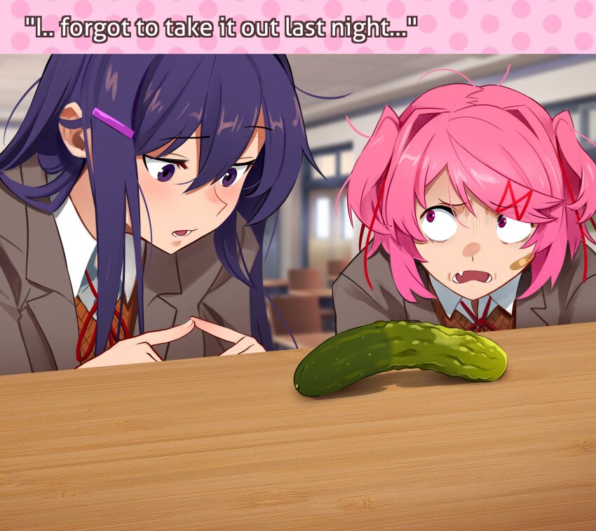 2girls absurdres bandaid blush classroom doki_doki_literature_club english_text fang highres khyle. long_hair medium_hair multiple_girls natsuki_(doki_doki_literature_club) open_mouth pickle pink_eyes pink_hair purple_eyes purple_hair school_uniform talking yuri_(doki_doki_literature_club)