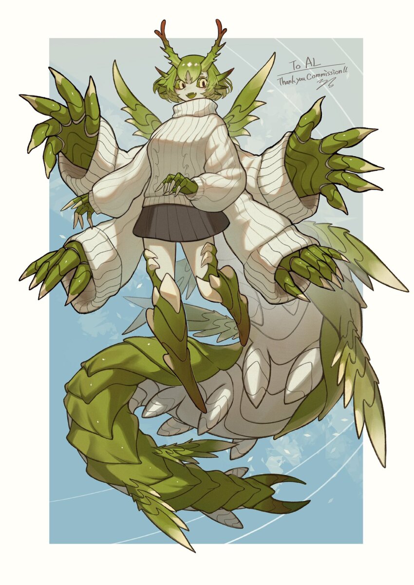 1girl :d arthropod_girl arthropod_limbs black_skirt blue_background border colored_sclera colored_skin colored_tongue commission extra_arms fangs fingernails floating full_body green_hair green_sclera green_skin green_tongue highres horns insect_wings joints long_fingernails long_sleeves looking_at_viewer monster_girl multiple_horns multiple_wings open_mouth original outside_border outstretched_arms ruteko_(ruko220) sharp_fingernails short_hair simple_background skeb_commission skirt slit_pupils smile solo sweater tail thank_you turtleneck turtleneck_sweater white_border white_sweater wings yellow_eyes