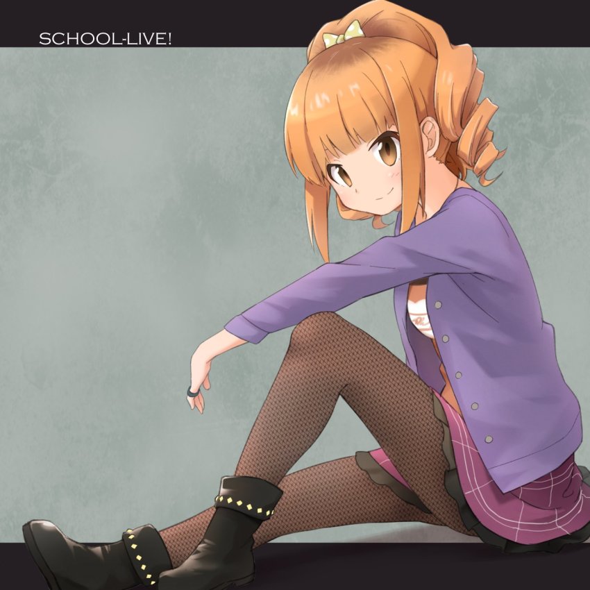 10s 1girl bad_id bad_twitter_id blush boots bow copyright_name drill_hair english_text female_focus fishnets gakkou_gurashi! hair_bow highres hikarizato_aki hikarizato_akira jewelry long_sleeves looking_at_viewer medium_hair okayparium orange_eyes orange_hair pantyhose purple_skirt ring skirt smile solo yellow_bow
