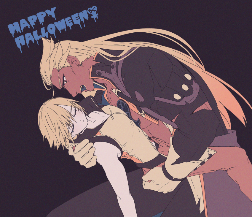 2boys ansem_seeker_of_darkness blue_tongue closed_eyes colored_tongue dark-skinned_male dark_skin fainted fang hair_slicked_back halloween happy_halloween highres kingdom_hearts kingdom_hearts_3d:_dream_drop_distance lgw7 long_hair male_focus multiple_boys open_mouth pointy_ears popped_collar riku_(kingdom_hearts) short_hair vampire yaoi