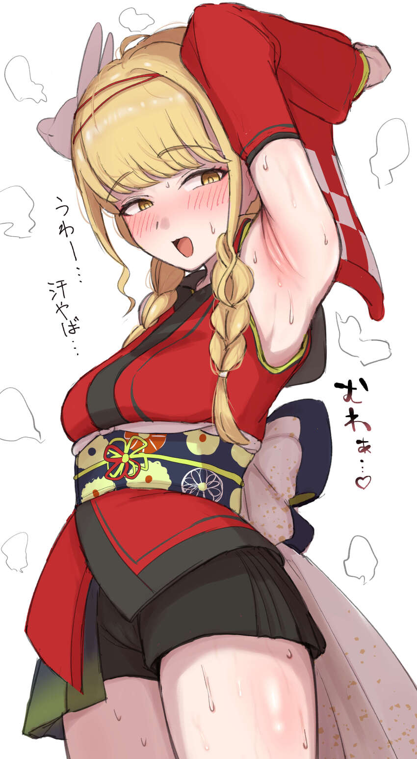 absurdres anonattsu armpit_focus armpits arms_up blonde_hair blush bow braid breasts check_translation checkered_sleeves detached_sleeves dress_bow floral_print_sash fox_mask fujita_kotone gakuen_idolmaster highres idolmaster japanese_clothes kamurogiku_(idolmaster) kimono mask medium_breasts obi obiage obijime pov presenting_armpit red_kimono sash sleeveless sleeveless_kimono steaming_body sweat translation_request twin_braids yellow_eyes