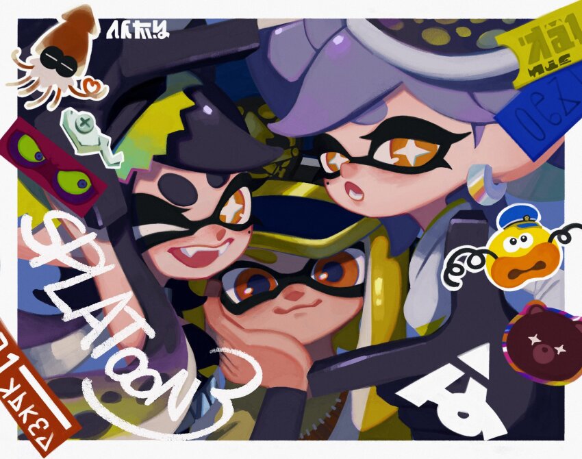 3girls agent_3_(splatoon) black_dress black_gloves black_hair blonde_hair blue_hat border bow-shaped_hair bright_pupils callie_(alterna)_(splatoon) callie_(splatoon) cap&#039;n_cuttlefish captain_3_(splatoon) closed_mouth coat copyright_name cross-shaped_pupils dj_octavio dress fangs gloves grey_hair hand_on_own_cheek hand_on_own_face hat highres inkling ka1_(k4k37) long_hair looking_at_viewer marie_(alterna)_(splatoon) marie_(splatoon) mole mole_under_eye mr._grizz_(splatoon) multiple_girls nintendo object_on_head one_eye_closed open_mouth peaked_cap pointy_ears red_eyes revision smile splatoon_(series) splatoon_3 strapless strapless_dress swept_bangs symbol-shaped_pupils tentacle_hair thick_eyebrows white_border white_coat white_pupils yellow_eyes zapfish