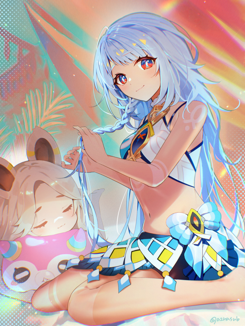 2girls alternate_hairstyle animal_ears azna bare_arms bare_shoulders blue_eyes blue_hair body_markings braid braiding_hair breasts closed_eyes crop_top dark_skin genshin_impact grey_hair hair_down hairdressing highres kachina_(genshin_impact) light_smile lying midriff mihoyo mualani_(genshin_impact) multicolored_eyes multiple_girls navel red_eyes sitting stomach symbol-shaped_pupils tan two-tone_eyes wariza