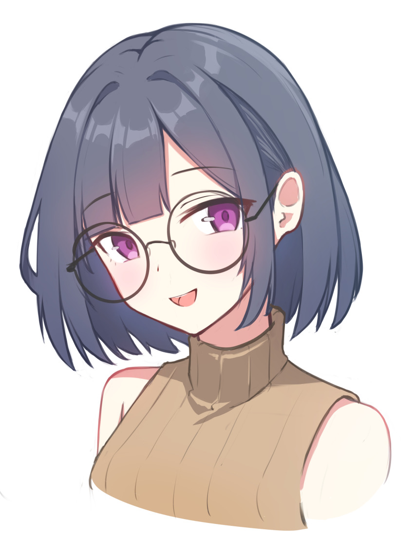 1girl absurdres asagizu blue_hair brown_sweater commentary english_commentary glasses highres looking_at_viewer open_mouth original purple_eyes short_hair simple_background sleeveless sleeveless_sweater solo sweater white_background