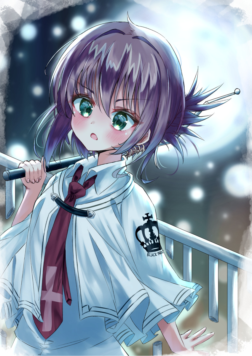 1girl absurdres backlighting blush brown_hair capelet carrying_over_shoulder collared_shirt commentary cross cross_print crown_print d: fang folded_ponytail full_moon green_eyes hair_intakes hand_up highres holding holding_whip looking_at_viewer medium_hair moon necktie night open_mouth outdoors popokki red_necktie school_uniform serious shirt solo subarashiki_hibi tachibana_kimika upper_body v-shaped_eyebrows white_capelet white_shirt