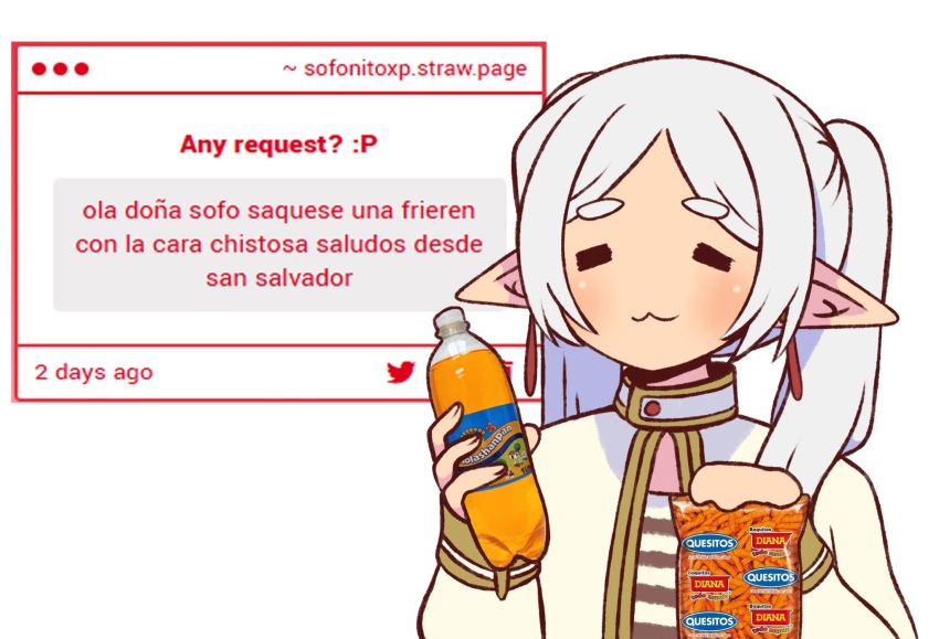 1girl =_= capelet drink earrings elf food frieren highres holding holding_drink holding_food jewelry long_hair pointy_ears sofo_soup solo sousou_no_frieren twintails upper_body white_capelet white_hair