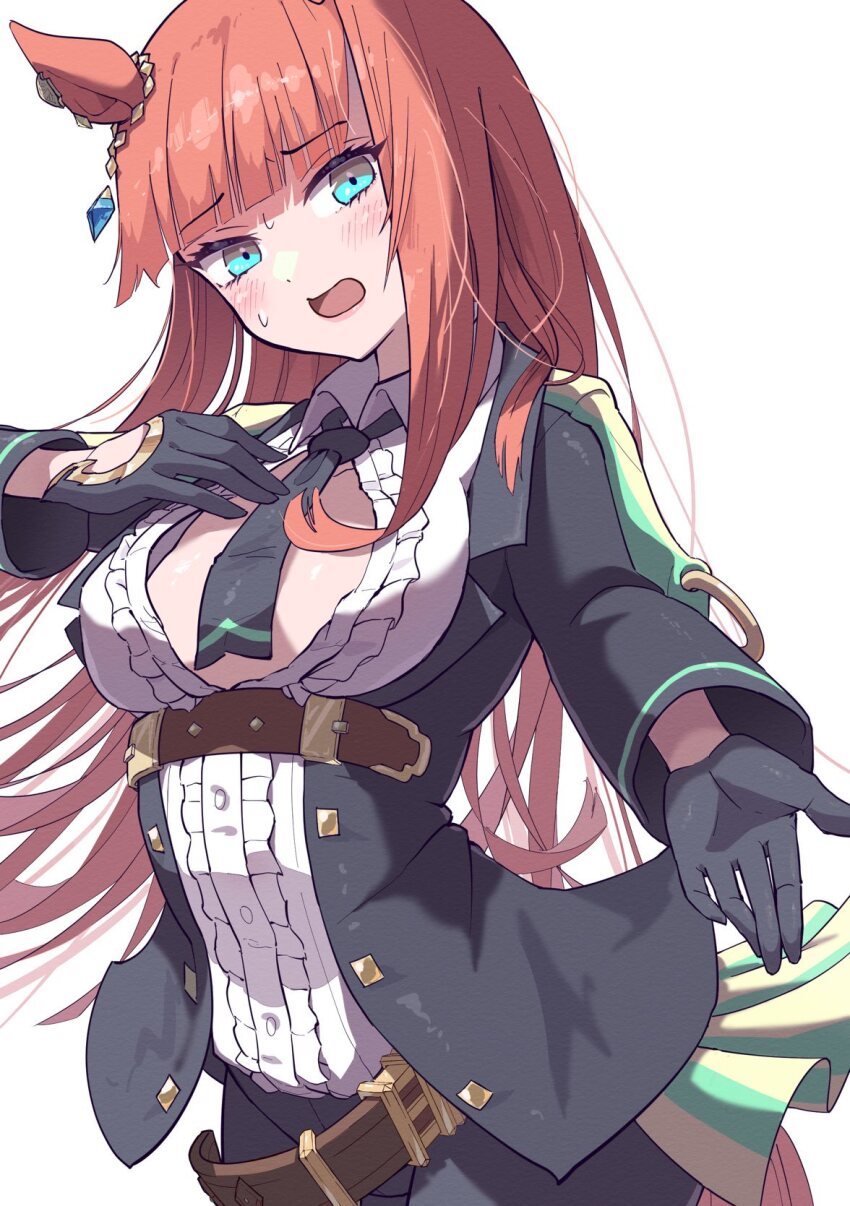 1girl belt black_gloves black_jacket brown_belt cosplay flat_chest fuji_kiseki_(umamusume) fuji_kiseki_(umamusume)_(cosplay) gloves green_eyes highres hime_cut horse_girl horse_tail itosu200 jacket long_hair long_sleeves looking_at_viewer orange_hair partially_unbuttoned silence_suzuka_(umamusume) simple_background solo sweatdrop tail umamusume white_background