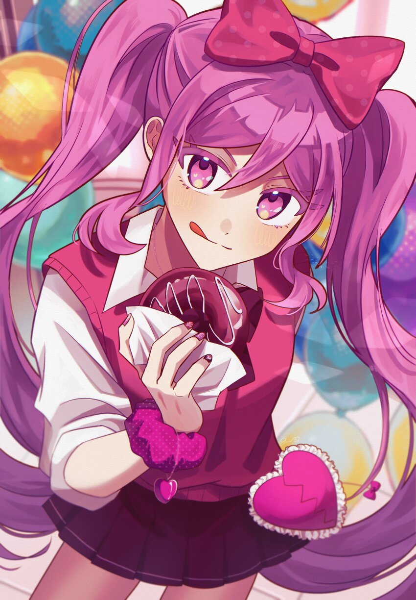 1girl absurdres alternate_costume blush bow closed_mouth collared_shirt donut food genk1zam4s hair_bow highres holding holding_food long_hair long_sleeves looking_at_viewer omori pink_bow pink_eyes pink_hair pink_skirt pink_sweater_vest pleated_skirt polka_dot polka_dot_bow shirt skirt smile solo sweater_vest sweetheart_(omori) tongue tongue_out twintails white_shirt