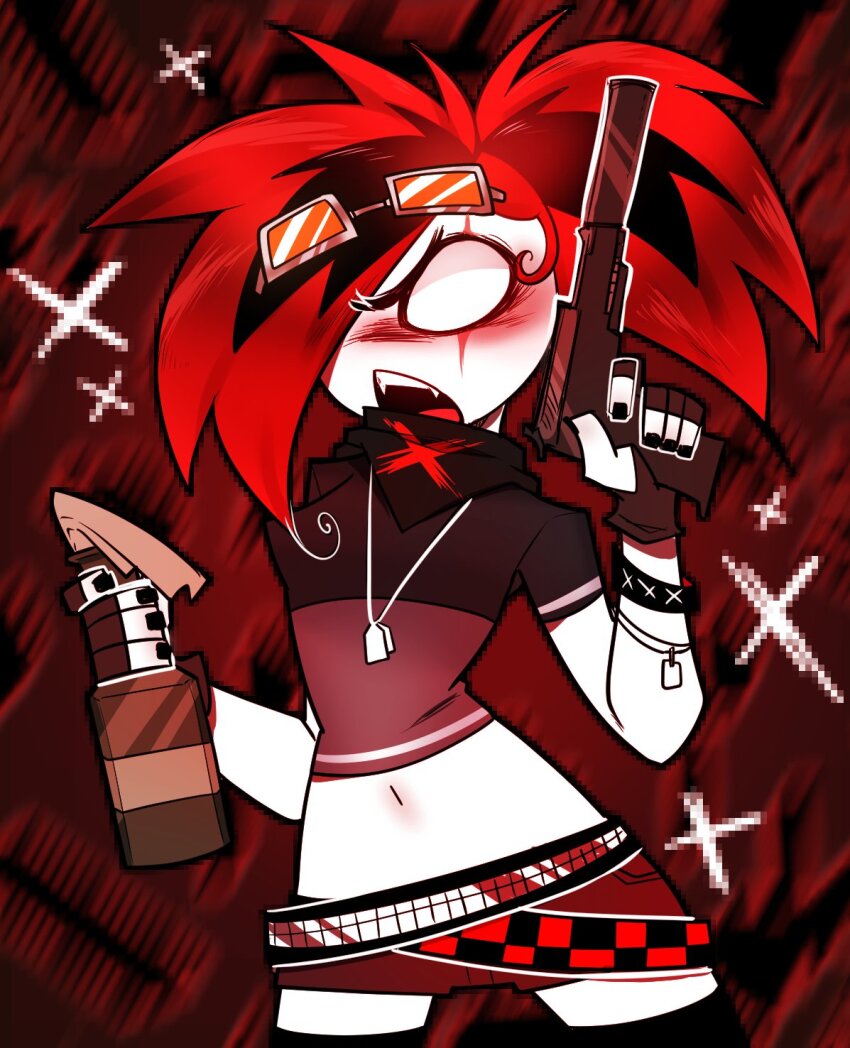 bracelet chess_belt cry_(crydiaa) crydiaa_(artist) denim denim_shorts dog_tags gun handgun highres indie_virtual_youtuber jewelry molotov_cocktail red_hair scene_cry shorts sunglasses suppressor weapon