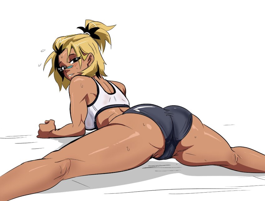 1girl ass bandaid bandaid_on_face bandaid_on_nose bare_arms bare_legs bare_shoulders beck_shiloh black_buruma black_hair blonde_hair breasts buruma commentary dark-skinned_female dark_skin english_commentary feet_out_of_frame flying_sweatdrops from_behind high_ponytail highres kneepits large_breasts legs looking_at_viewer looking_back lying multicolored_hair on_stomach original parted_lips ponytail rumble_after_dark short_hair smile solo spicymancer split sports_bra stretching sweat thighs toned toned_female two-tone_hair
